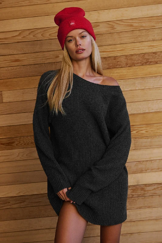 Cashmere Plush Waffle Dress - Dark Heather Grey Open-back unclassified dresses