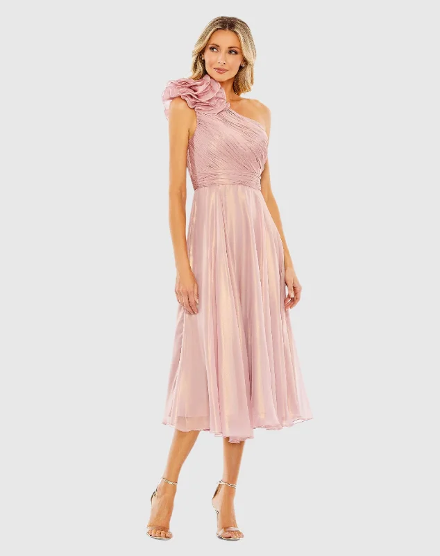 Pink Rosette One Shoulder Tea Length Dress Open-back unclassified dresses