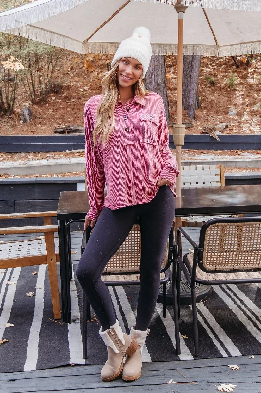 Burgundy Half Button Up Ribbed Pullover Polka dot unclassified dresses
