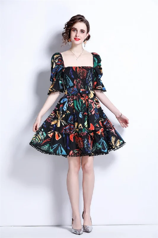 Black & Multicolor Print Day A-line Squareneck Elbow Sleeve Above Knee Dress Formal unclassified dresses