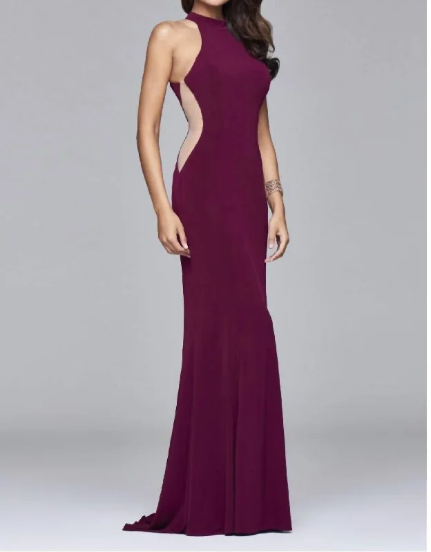 Side Mesh Cut Out Evening Gown In Bordeaux Soft fabric unclassified dresses