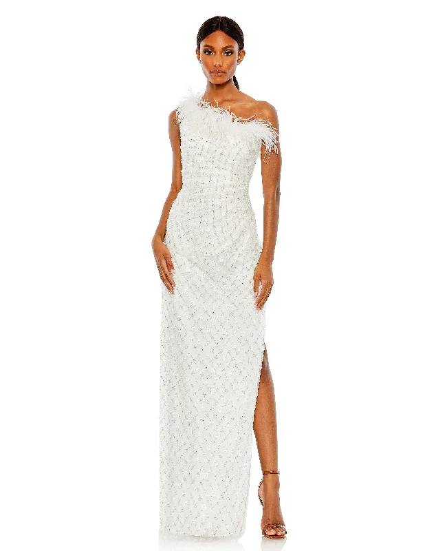 White Embellished One Shoulder Gown w/ Ostrich Feathers Flowy unclassified dresses