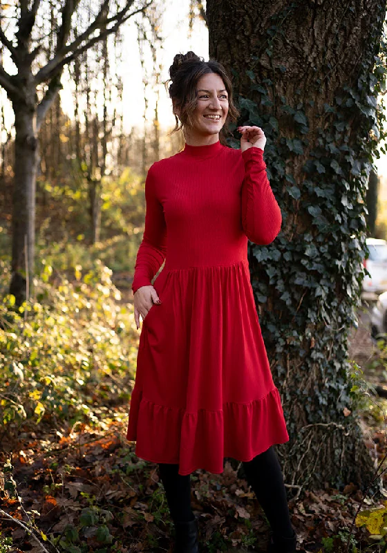 Lilah Red Turtle Neck Tiered Hem Dress Fall unclassified dresses