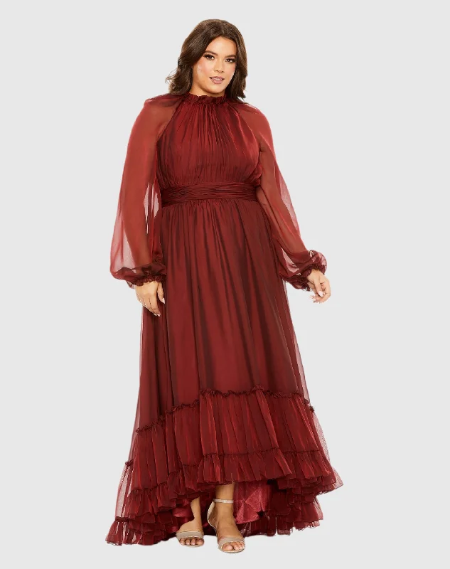 Red Puff Sleeve w/ Embellished Cuff Mock Neck A Line Gown Formal unclassified dresses