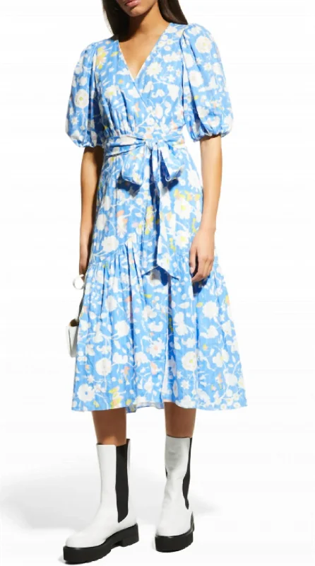 Elektra Puff Sleeve Tie Belt Wrap Dress in Fortuna Medium Signature Blue Summer unclassified dresses