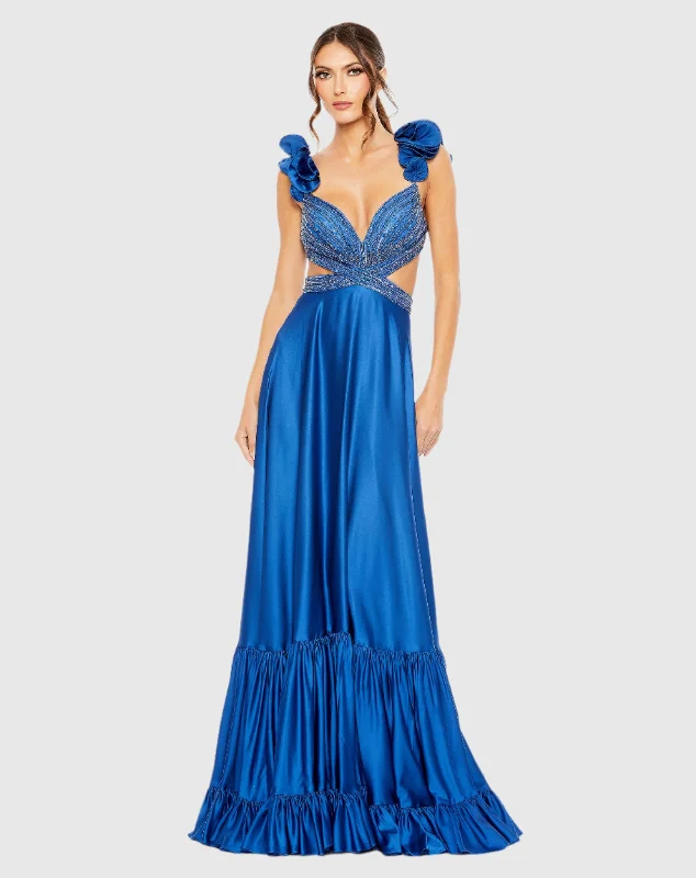 Beaded Cross Cut Out Ruffled Strap A Line Gown Floral unclassified dresses