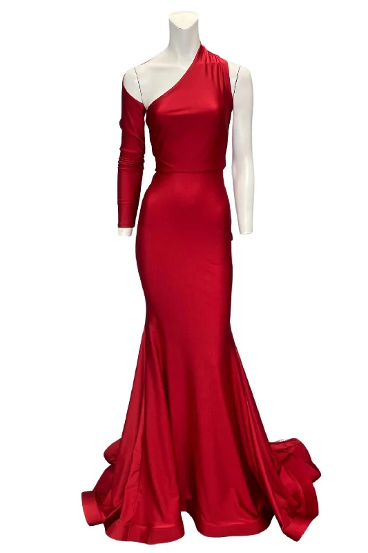 One Sleeve Evening Gown In Red Bold pattern unclassified dresses