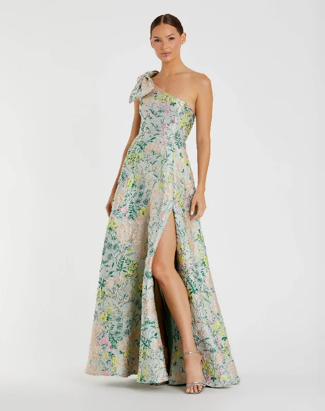 One Shoulder Brocade Gown With Bow Detail Cocktail unclassified dresses