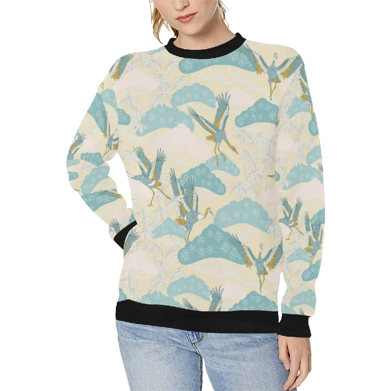 Bonsai bamboo stork japanese pattern cream theme Women's Crew Neck Sweatshirt Cozy Women’s Hoodie