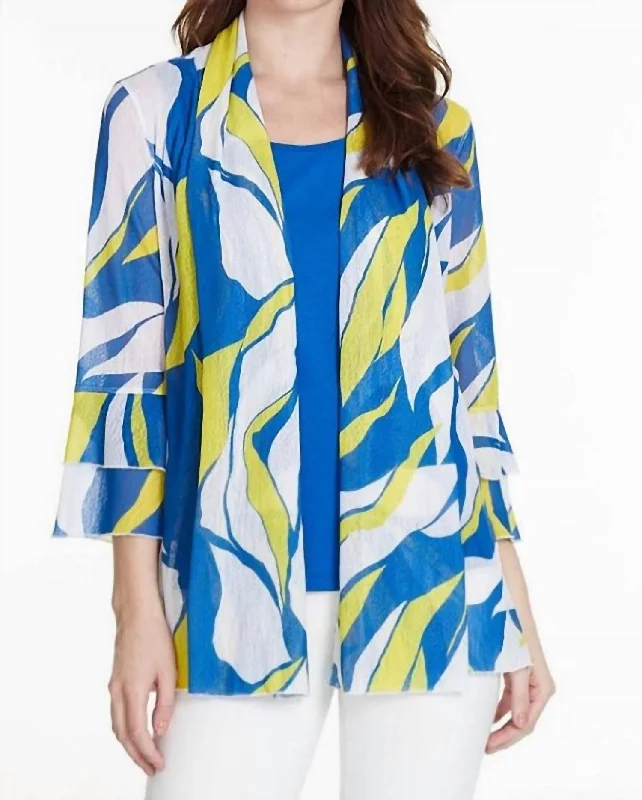 Wavy Print Onionskin Open Front Jacket In Blue/yellow Best sweaters for formal occasions