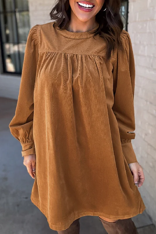 Desert Gold Corduroy Pleated Puff Sleeve Shift Short Dress Summer party mini dresses