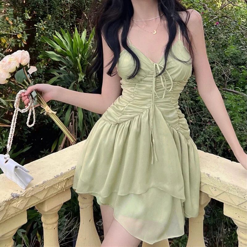 Lizakosht Solid Drawstring Asymmetrical Dress Holiday Casual Vintage V-Neck Sleeveless A-Line Mini Dresses For Women 2022 Summer Halter mini dresses