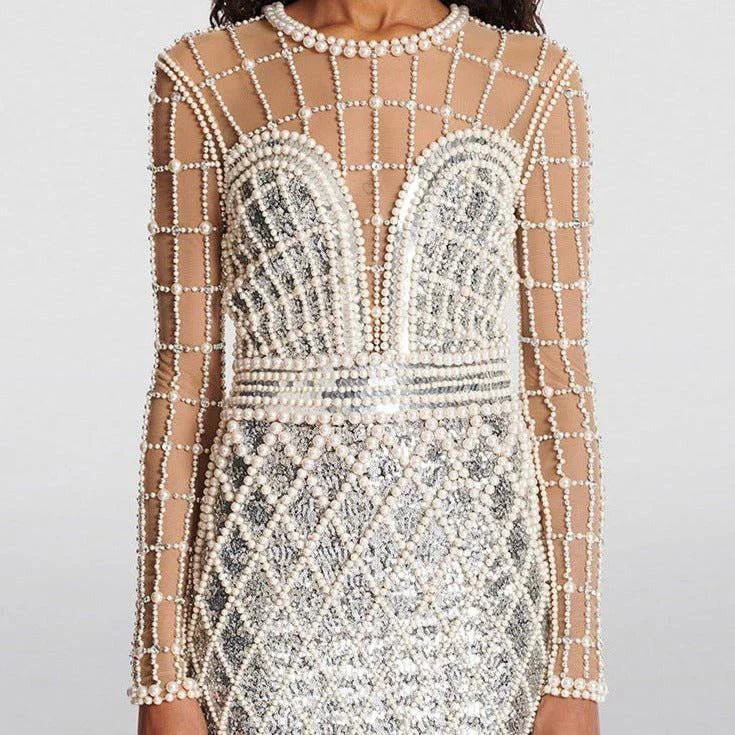 Lucinda Long Sleeve Pearl Embellished Mini Dress Goth mini dresses
