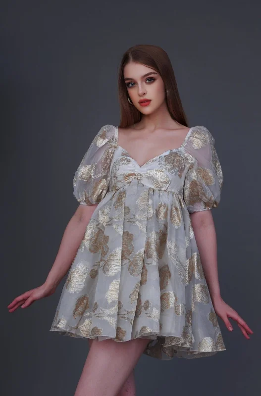 Melanie Metallic Babydoll Mini Dress in Gold Jacquard Stretchy mini dresses