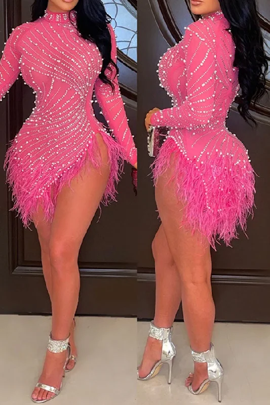 Rhinestone & Beaded Decor Striking Tassel Irregular See-Through Mini Dress PrettyLittleThing mini dresses