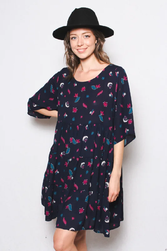 Women's Woven Printed Half Sleeve Scoop Neck Baby Doll Dress Smocked mini dresses