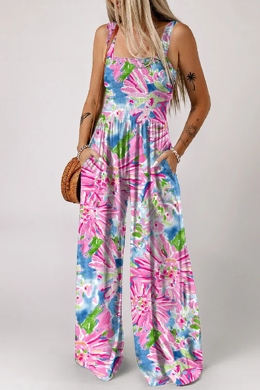 Floral Smocked Square Neck Jumpsuit with Pockets Cotton unclassified skirts