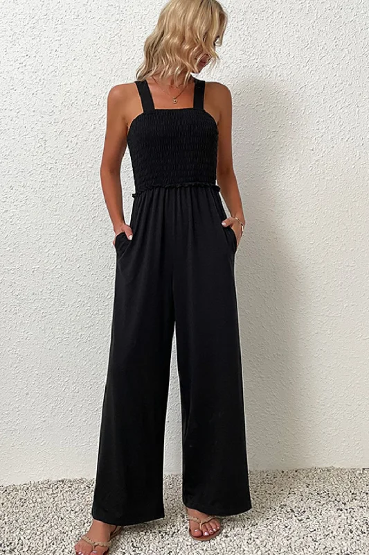 Smocked Sleeveless Wide Leg Jumpsuit with Pockets Winter unclassified skirts