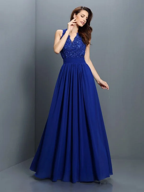 A-Line/Princess V-neck Applique Sleeveless Long Chiffon Bridesmaid Dresses Y2K maxi dresses