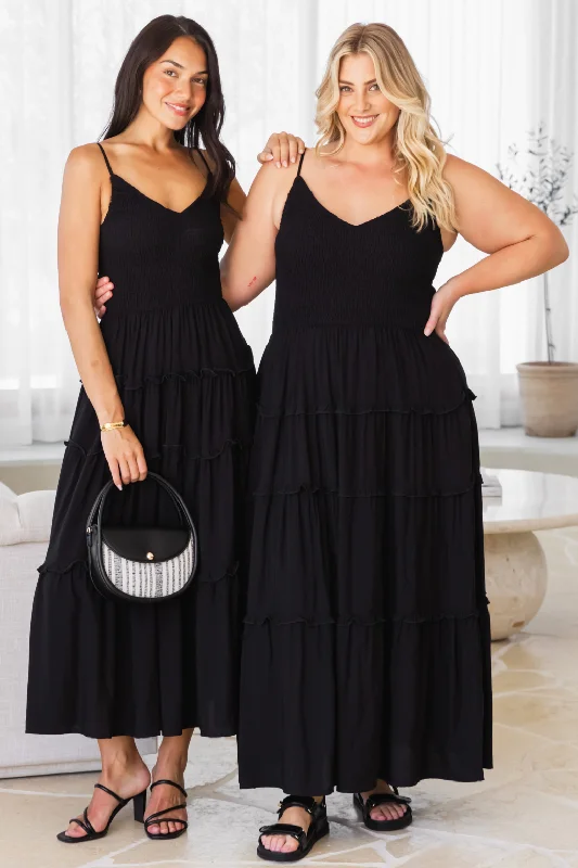 Austen V-Neck Shirred Maxi Dress Black Velvet maxi dresses