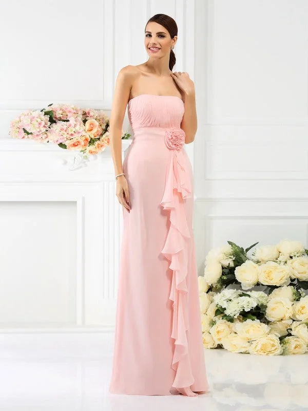 Sheath/Column Strapless Hand-Made Flower Sleeveless Long Chiffon Bridesmaid Dresses Graduation maxi dresses