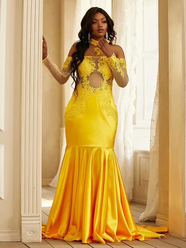 Trumpet/Mermaid  Woven Satin Applique Off-the-Shoulder Long Sleeves Sweep/Brush Train Dresses Fashion Nova maxi dresses