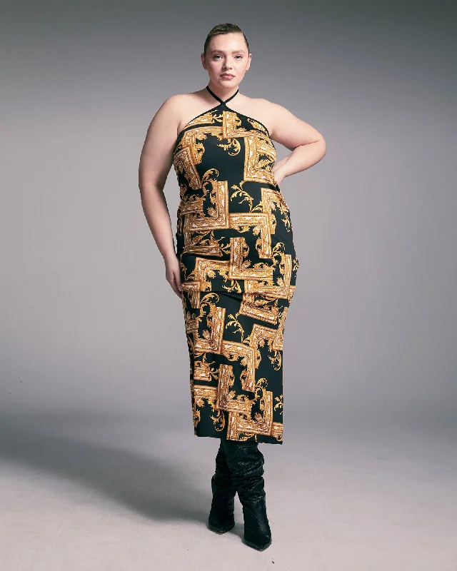 Xandra Halter Neck Maxi Dress | Black/Gold Smocked maxi dresses
