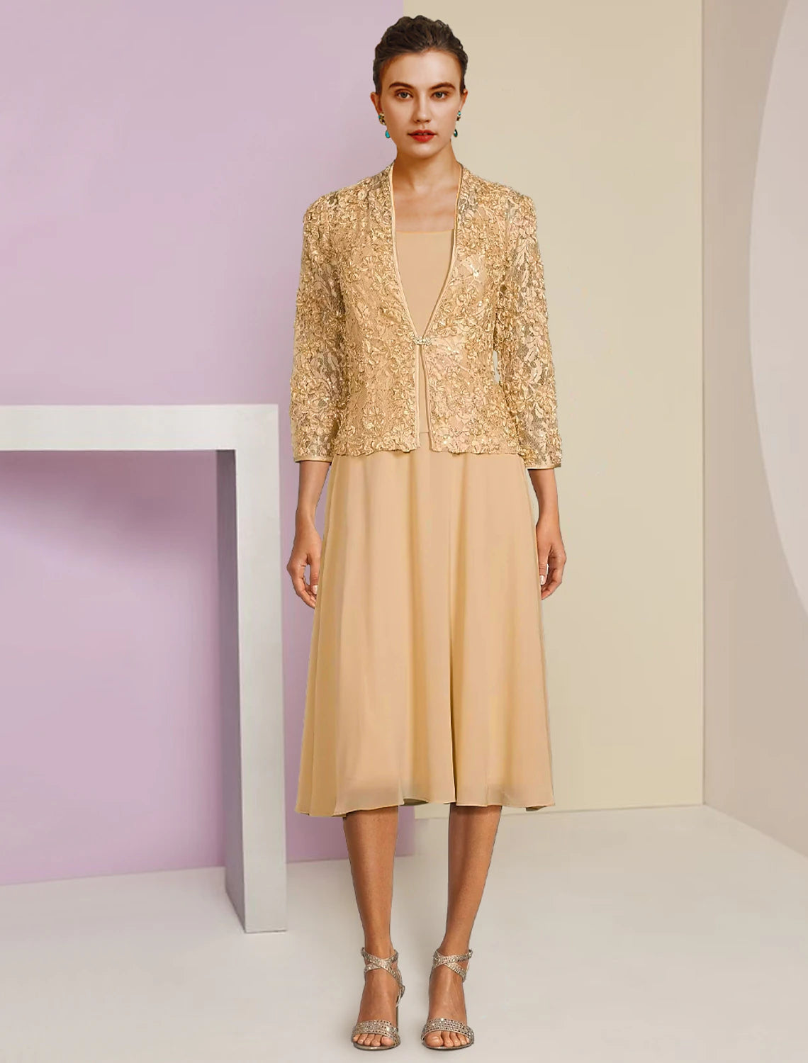 A-Line Mother of the Bride Dress Wedding Guest Elegant Petite Scoop Neck Tea Length Chiffon Lace 3/4 Length Sleeve with Pleats Crystal Brooch Sleeveless Wedding Dress