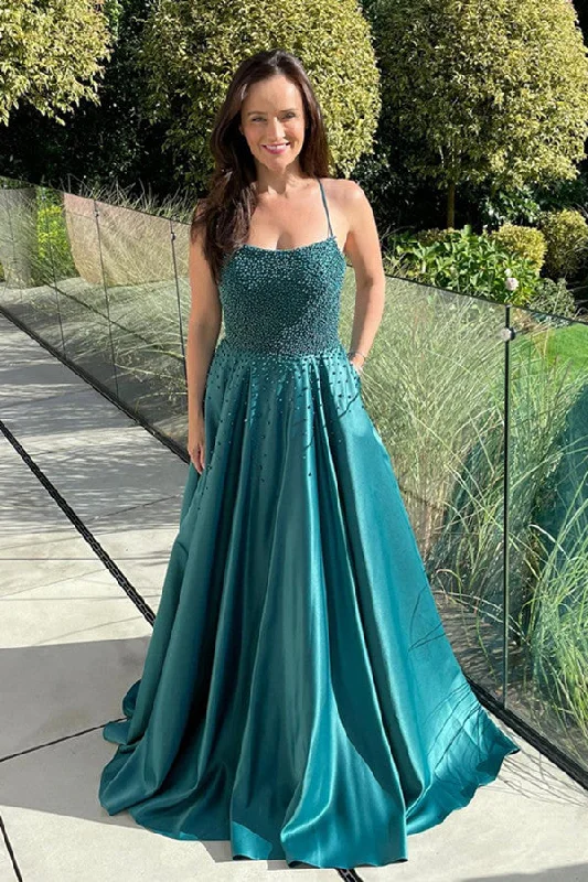 A-line Satin Prom Dresses, Beaded Fashion Wedding Guest Dresses, Newest 2024 Long Prom Dresses Romantic Lace Dress