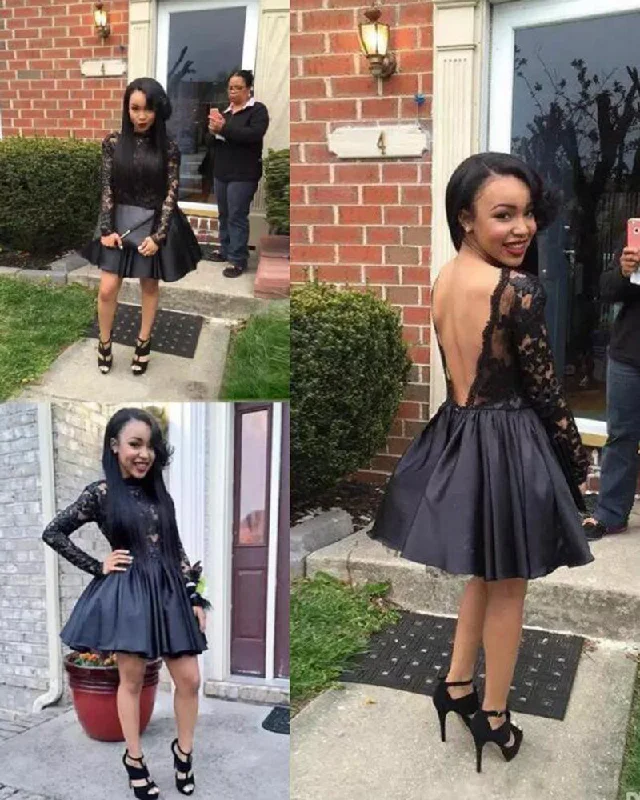 Africa Short Prom Dress Black A Line Lace with Long Sleeves Short Party Dresses Evening Wear Bachelorette party dresses