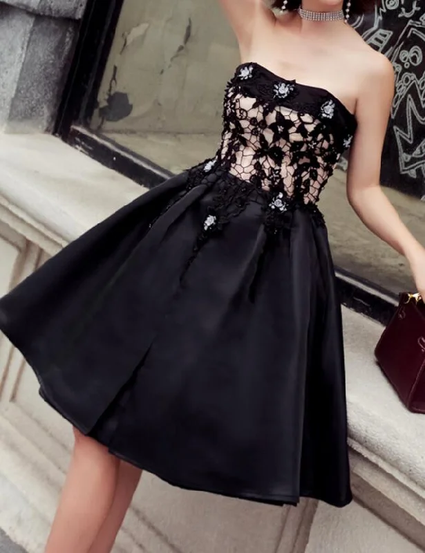 Black Satin with Lace Knee Length Prom Dress Homecoming Dress, Black Party Dresses Outdoor party dresses