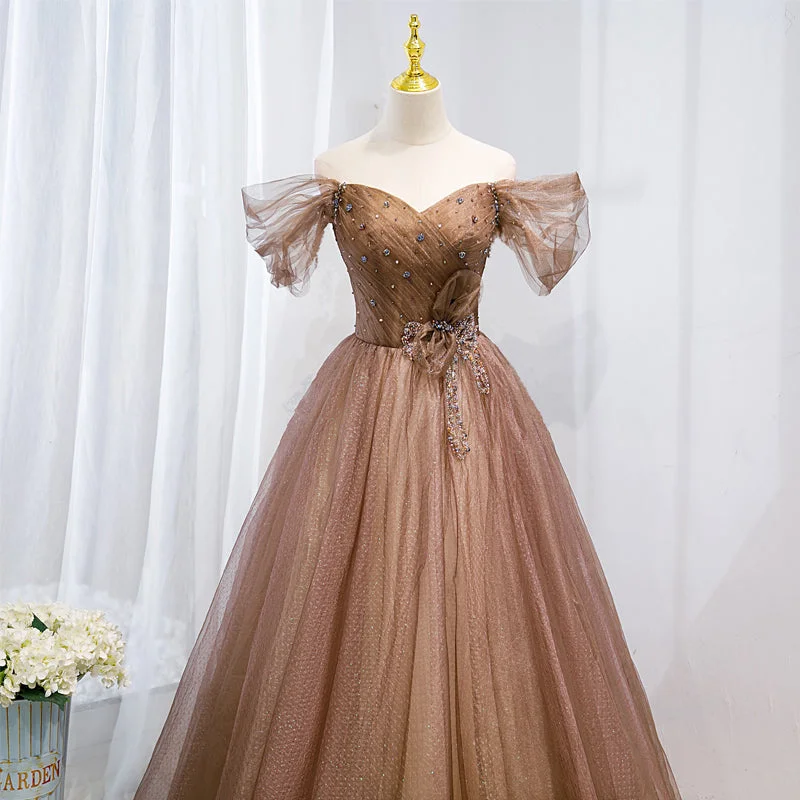 Champagne Off Shoulder Beaded A-line Tulle Long Party Dress, Long Evening Gown Best value party dresses