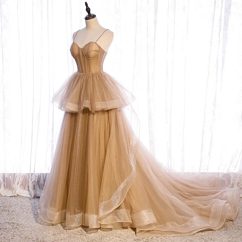 Champagne Tulle Sweetheart Straps Long Ball Gown Prom Dresses, Champagne Party Dresses Classic party dresses