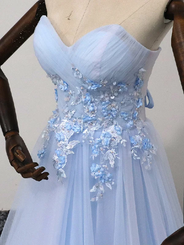 Elegant Blue Tulle Sweetheart Party Dress Formal Dress, Blue Lace Applique Prom Dress 2022 Sexy little black party dresses
