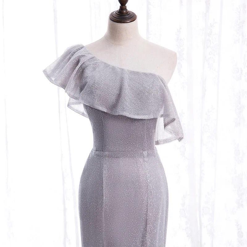 Grey One Shoulder Lace-up Shiny Long Prom Dress Party Dress, Grey Long Evening Dresses Expensive party dresses
