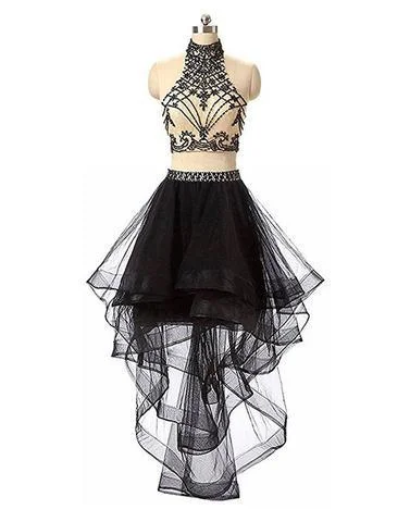 high neck beaded hi-lo black two pieces party prom dress, PD9978 Garden party dresses