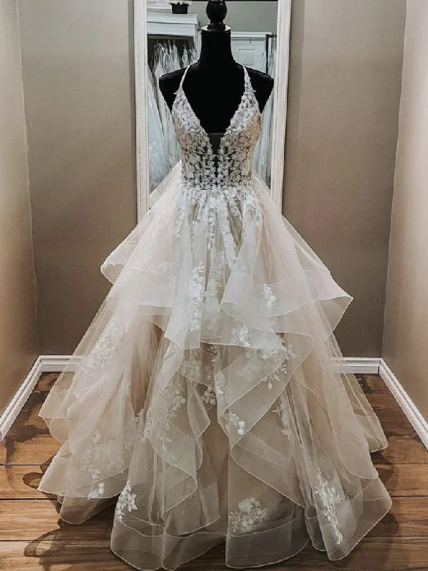 Light Champagne V-Neck Backless Lace Wedding Dress, WD23022641 Lace Boho Dress