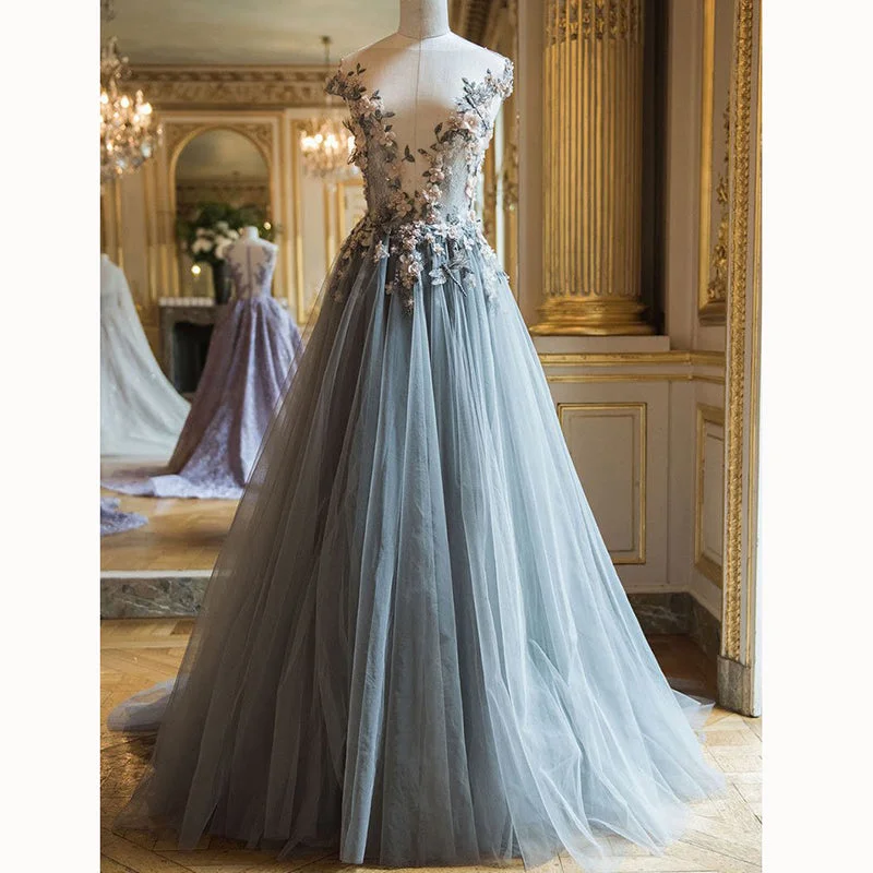 Long Blue Prom Dresses Tulle with Flowers Evening Party Formal Gown 2018 Luxury party dresses