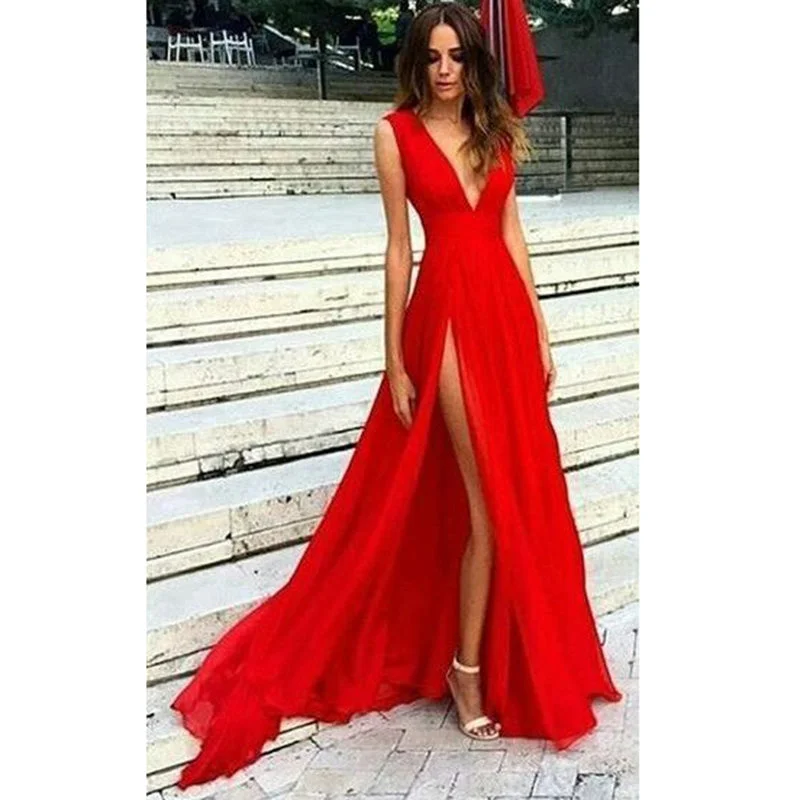 LP8901 Red  Long Sexy Slit Prom Dress V Neck  Evening Party Dress 2022 abiti da sera Velvet party dresses