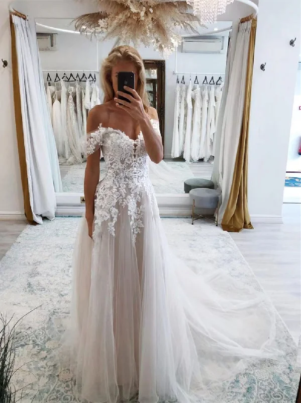Off Shoulder A-line Lace Tulle Wedding Dresses, Affordable Popular Wedding Dresses, Bridal Gown, 2022 Wedding Dresses Floral Bridal Gown