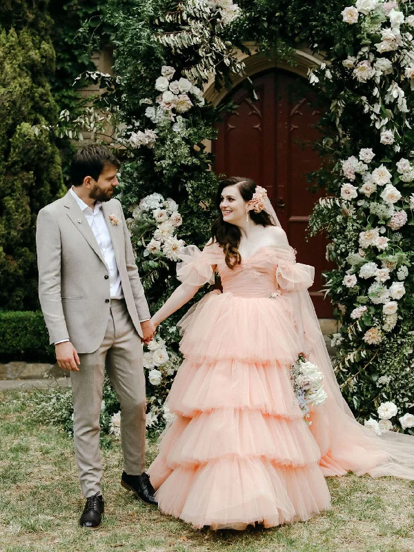 Peach Off Shoulder Tulle Wedding Dresses, Cake Wedding Dresses, Puffy New Wedding Dresses, Bridal Gown Ruffle Wedding Gown