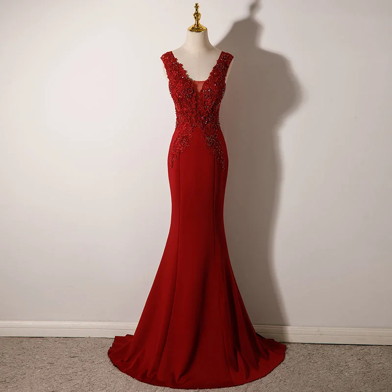 Wine Red Mermaid Floor Length Low Back Evening Dress, Burgundy Prom Dress Party Dress Zara party dresses