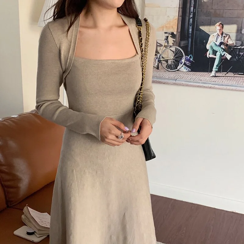 Autumn Winter Dresses For Women Elegant Vintage Queen Anne Neck Long Sleeve Knitted Dress Solid Casual Midi Dress PrettyLittleThing midi dresses