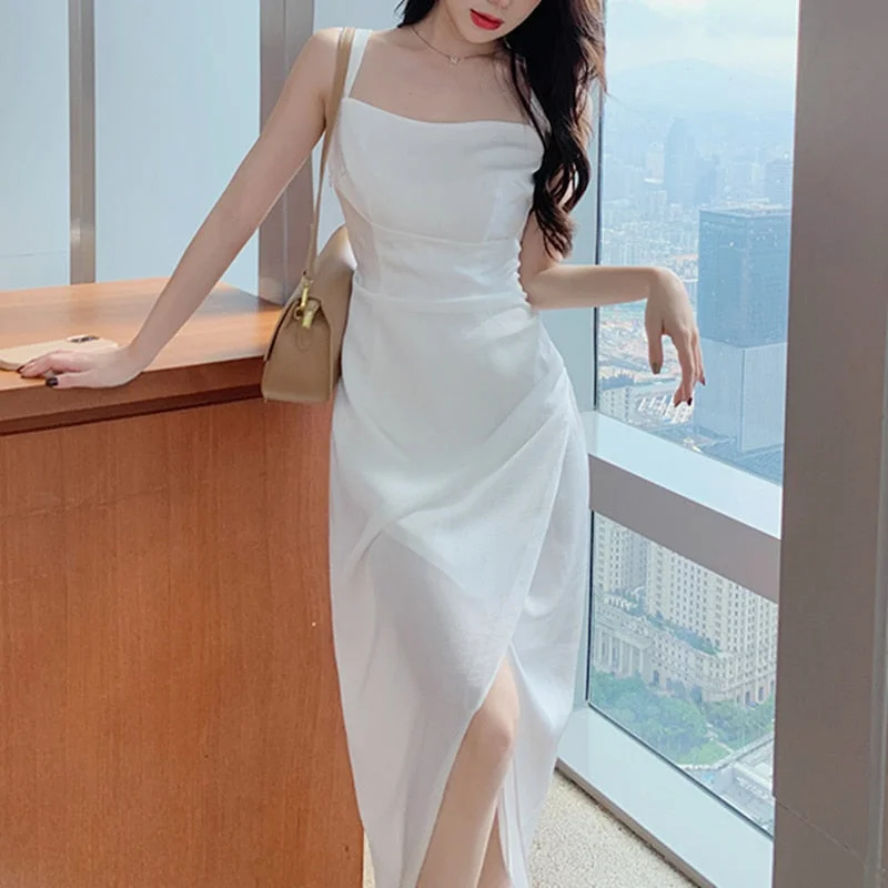 Casual Sleeveless Ladies Midi Dress Summer New Fashion Elegant Split Women Solid Party Dress Vestidos Flowy midi dresses