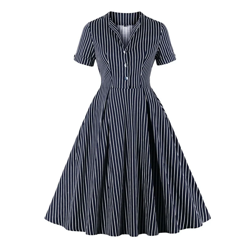 Navy Blue Button Front Striped Vintage Robe Cotton High Waist Elegant Pocket Pleated Midi Dress Date night midi dresses