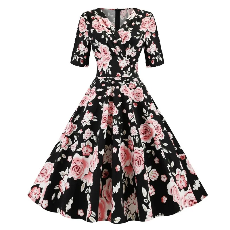 Retro Ruched V Neck Wrap Vintage Floral High Waist Summer Half Sleeve Elegant Party Pinup Midi Dress Lace midi dresses