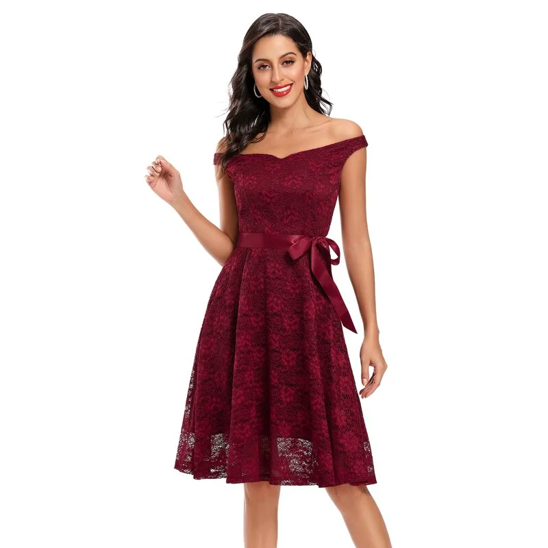 Solid Elegant Lace Party Robe Sexy Off Shoulder Autumn High Waist Belted Midi Swing Dress Sleeveless midi dresses