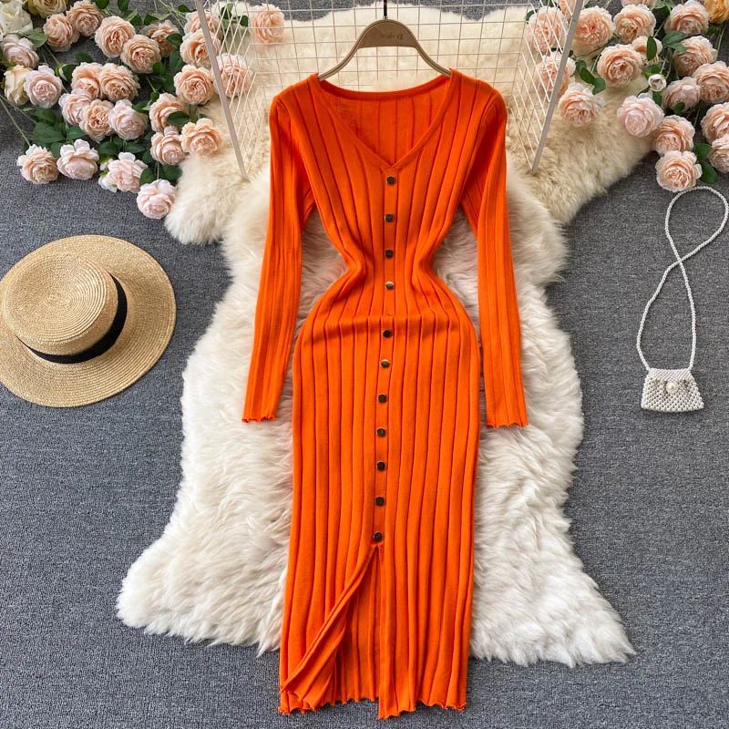 V Neck Long Sleeve Knitted Sweater Dress Winter Front Button Elegant Sexy Bodycon Midi Dress ASOS midi dresses