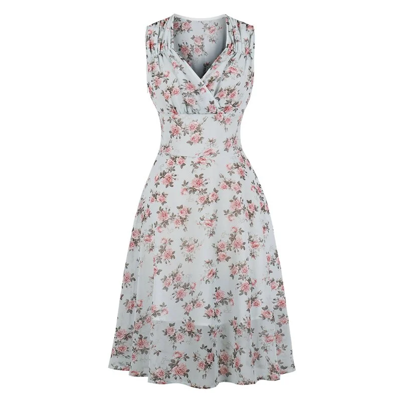 Vintage Floral Chiffon High Waist V-Neck Casual Wrap Summer Elegant Vacation A Line Midi Dress Lightweight midi dresses for hot weather