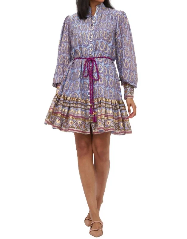 High Neck Button Mini Dress In Peri Buta--Leather Mini Skirt